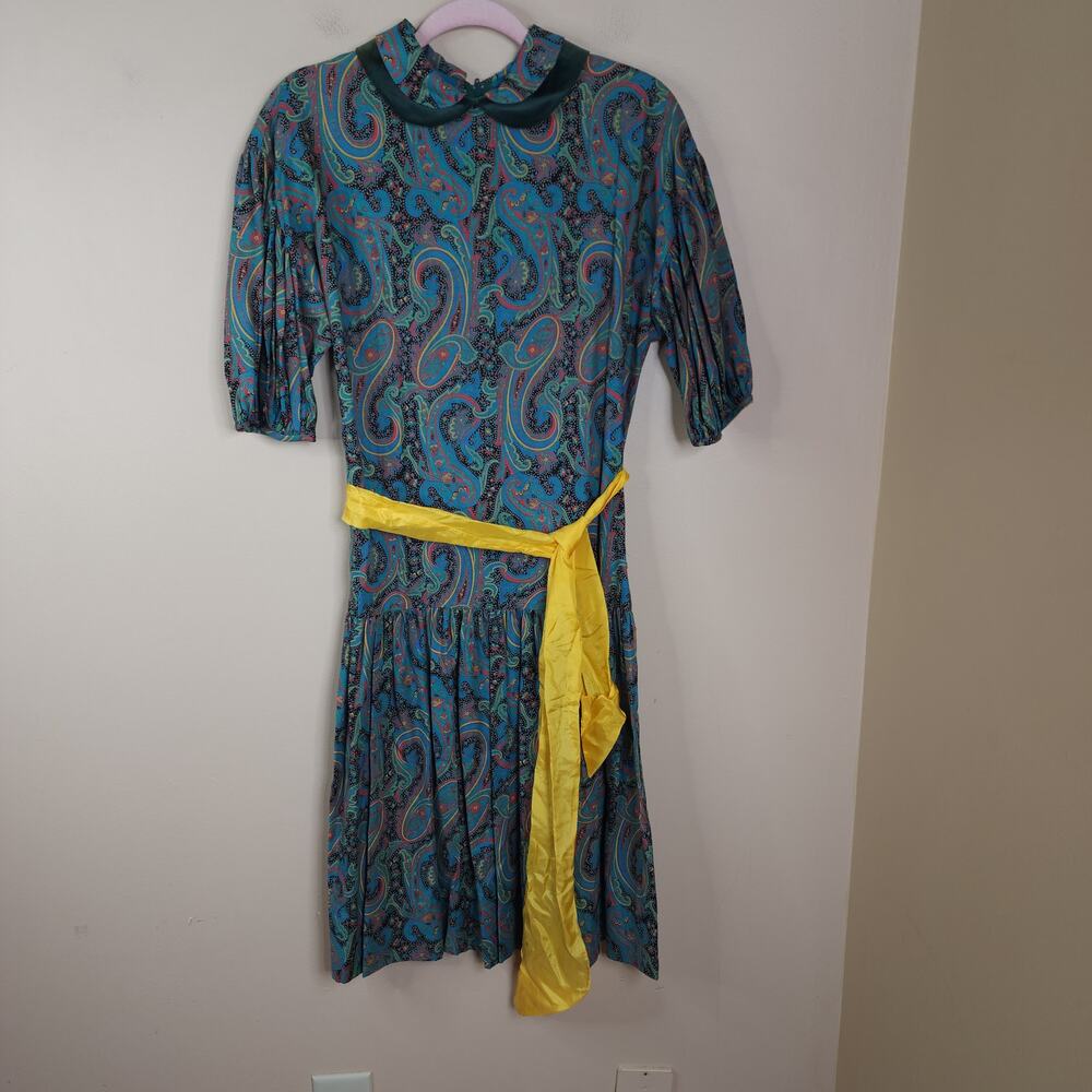 Vintage Malley & Co Drop Waist Pleated Short Sleeve Dress with Tie Paisley 14